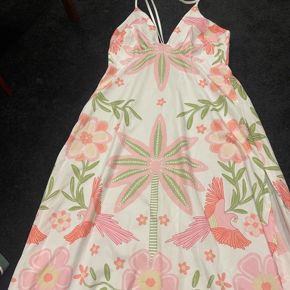 Floral Maxi Dress with Pink and Green bird Accents - Picture 1 of 2